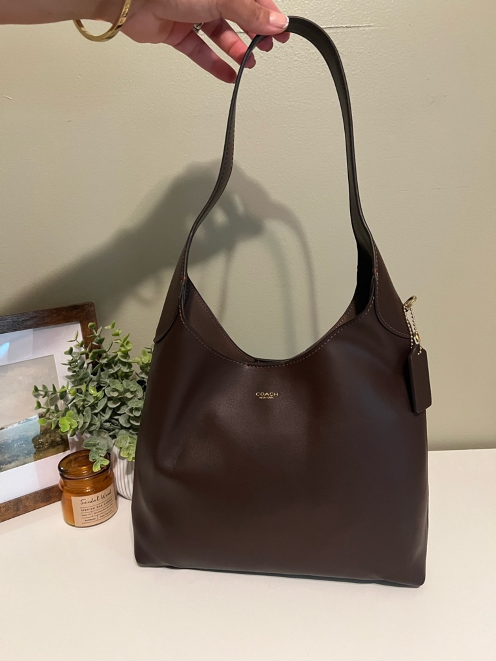 Coach Dark Brown Leather Shoulder Tote with Gold Hardware